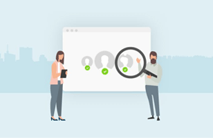 Fully integrated In-house recruitment services illustration for a screen with magnifying glass and two people standing